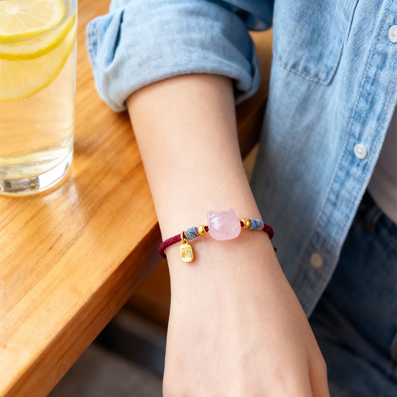 Buddha Stones Cat Fu Character Silver Sheen Obsidian Pink Crystal String Protection Bracelet - image 15