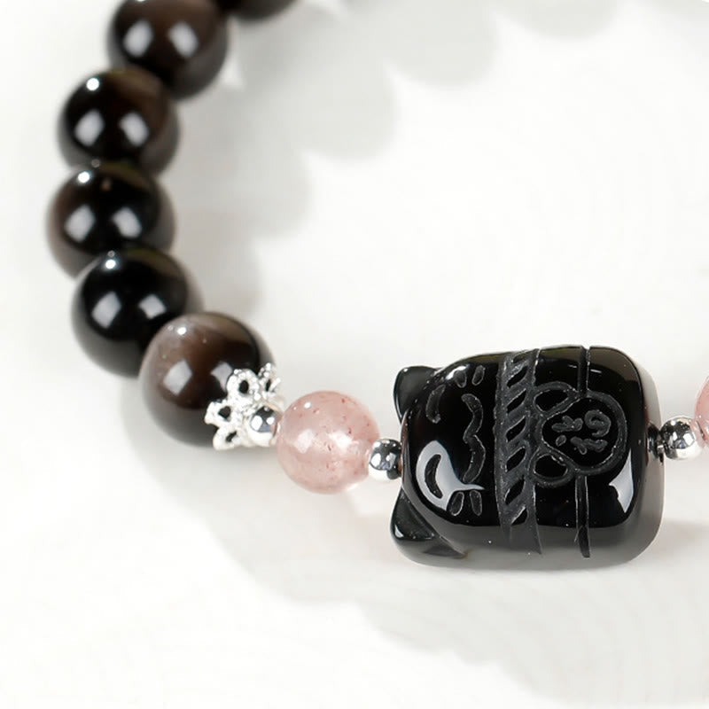 Buddha Stones Cat Silver Sheen Obsidian Strawberry Quartz Protection Bracelet - image 10
