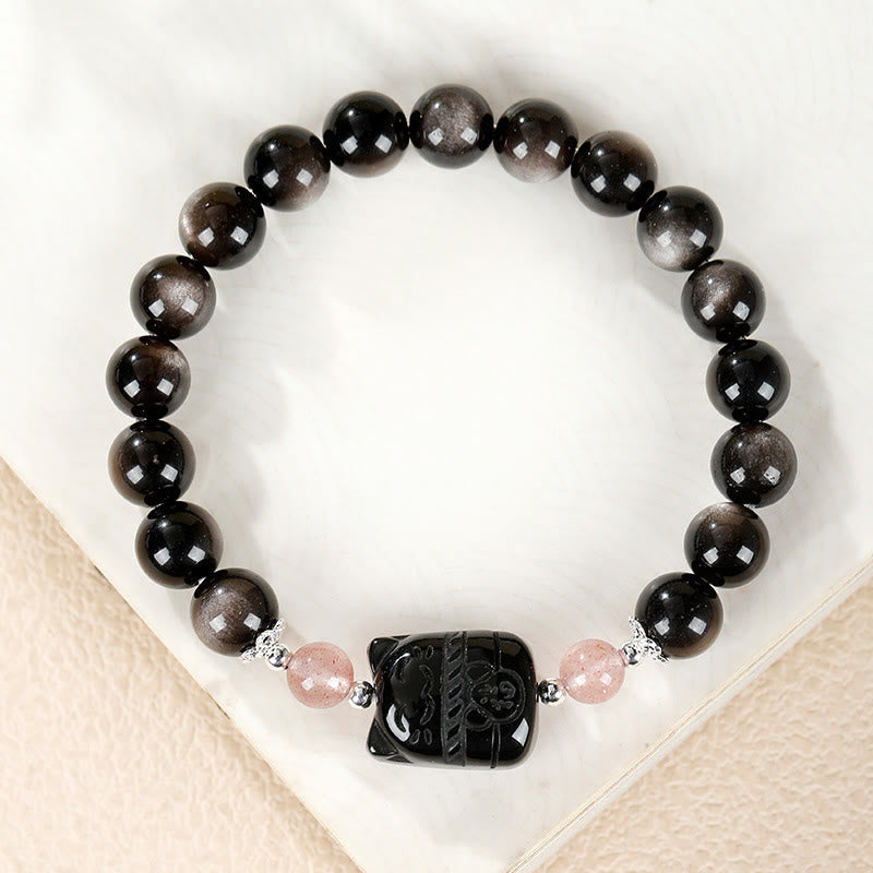 Buddha Stones Cat Silver Sheen Obsidian Strawberry Quartz Protection Bracelet - Silver Sheen Obsidian Moonstone(Wrist Circumference:14-15cm) - 8mm - image 0