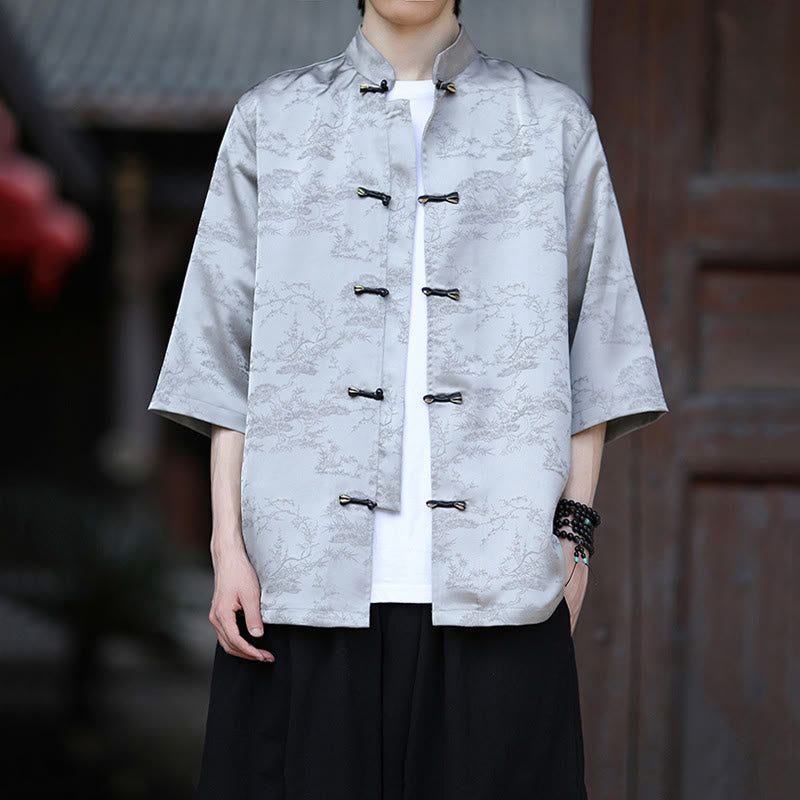 Buddha Stones Summer Pine Tree Mountain Pattern Half Sleeve Frog-Button Design Men's Shirt - Gainsboro - US/UK/AU46,EU56 (5XL) - image 7