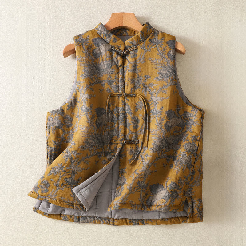 Buddha Stones Crane Flowers Branches Frog-Button Pattern Cotton Women's Sleeveless Vest Waistcoat - Goldenrod - US8-10,UK/AU12-14,EU40-42 (2XL) - image 0