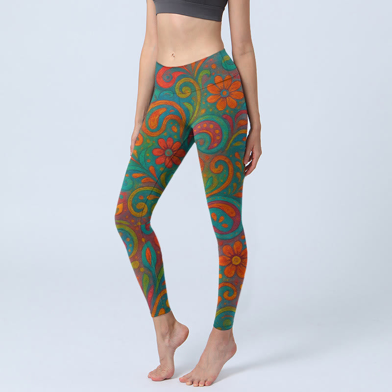 Buddha Stones Vibrant Swirling Florals Paisley Print Gym Leggings Women's Yoga Pants - MediumAquamarine - US18,UK/AU22,EU50 (4XL) - image 0