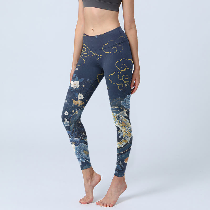 Buddha Stones Blue White Peony Flowers Koi Fish Print Gym Leggings Women's Yoga Pants - SteelBlue - US18,UK/AU22,EU50 (4XL) - image 0