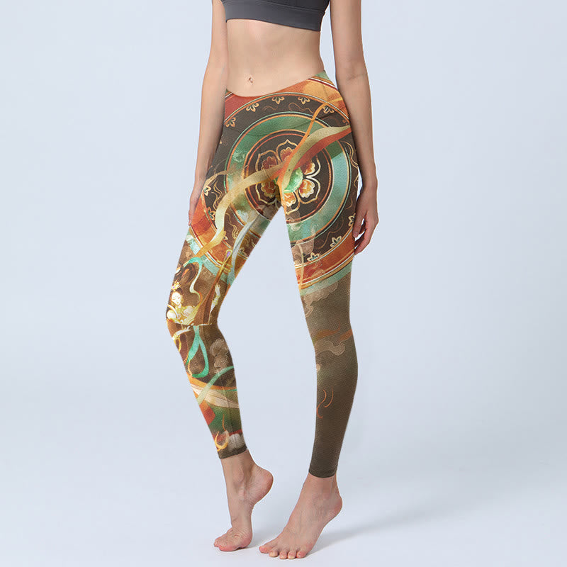 Buddha Stones Dunhuang Flying Apsaras Mandala Print Gym Leggings Women's Yoga Pants - DarkKhaki - US18,UK/AU22,EU50 (4XL) - image 0