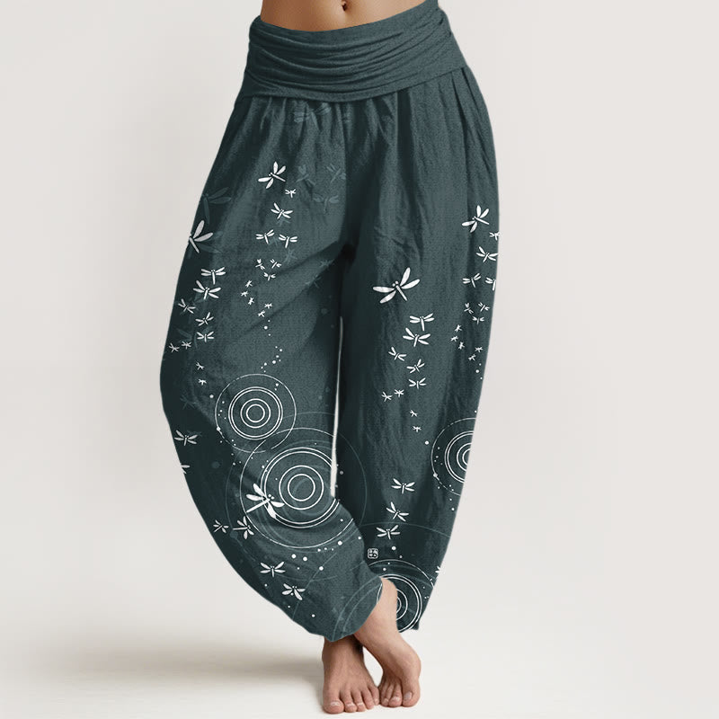 Buddha Stones Pure Cotton Circular Lines Dragonfly Women's Elastic Waist Harem Pants - CadetBlue - US16,UK/AU20,EU48 (3XL) - image 0