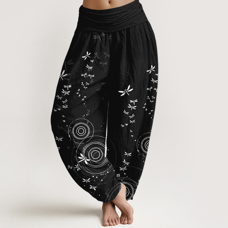 Buddha Stones Pure Cotton Circular Lines Dragonfly Women's Elastic Waist Harem Pants - Black - US16,UK/AU20,EU48 (3XL) - image 8