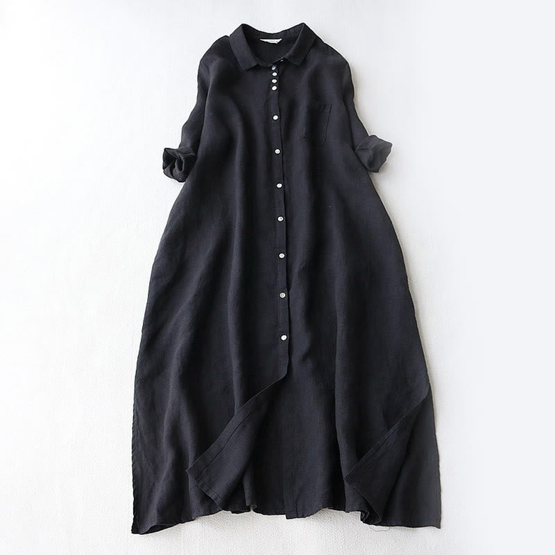 Buddha Stones Fall Solid Buttons Down Lapel Design Three Quarter Sleeve Women's Midi Dress With Pockets - Black - US12,UK/AU16,EU44 (2XL) - image 0