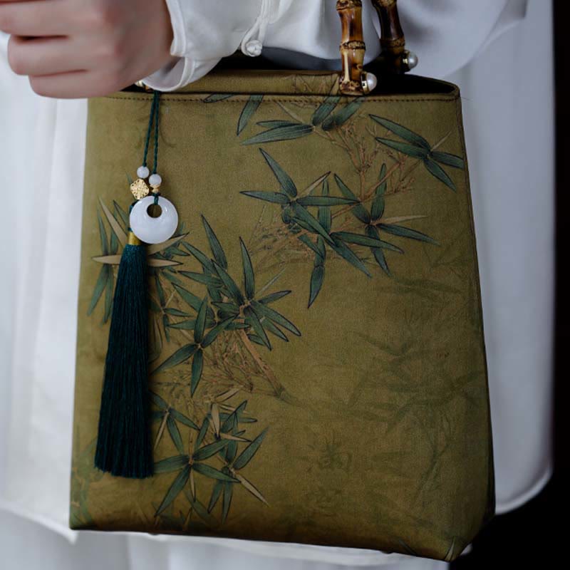 Buddha Stones Yellow Green Bamboo Leaves Bamboo Handles Handbag Handbags BS 1