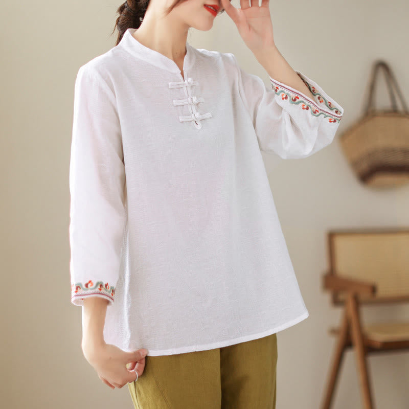 Buddha Stones Jacquard Frog-button Stand Collar Embroidered Three Quarter Sleeve Design Women's Cotton Shirt - image 16