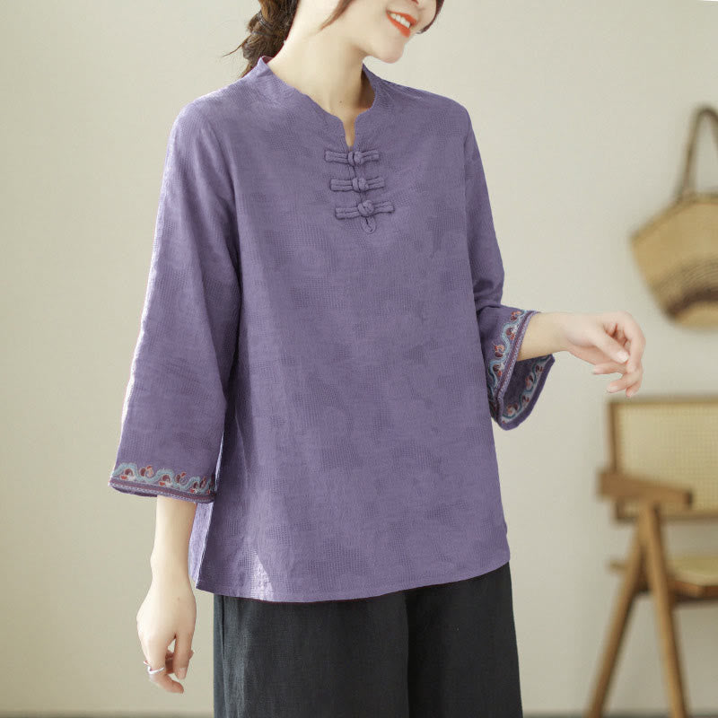 Buddha Stones Jacquard Frog-button Stand Collar Embroidered Three Quarter Sleeve Design Women's Cotton Shirt - BlueViolet - US8-10,UK/AU12-14,EU40-42 (2XL) - image 0