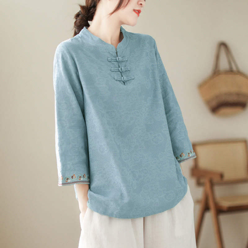 Buddha Stones Jacquard Frog-button Stand Collar Embroidered Three Quarter Sleeve Design Women's Cotton Shirt - SkyBlue - US8-10,UK/AU12-14,EU40-42 (2XL) - image 6