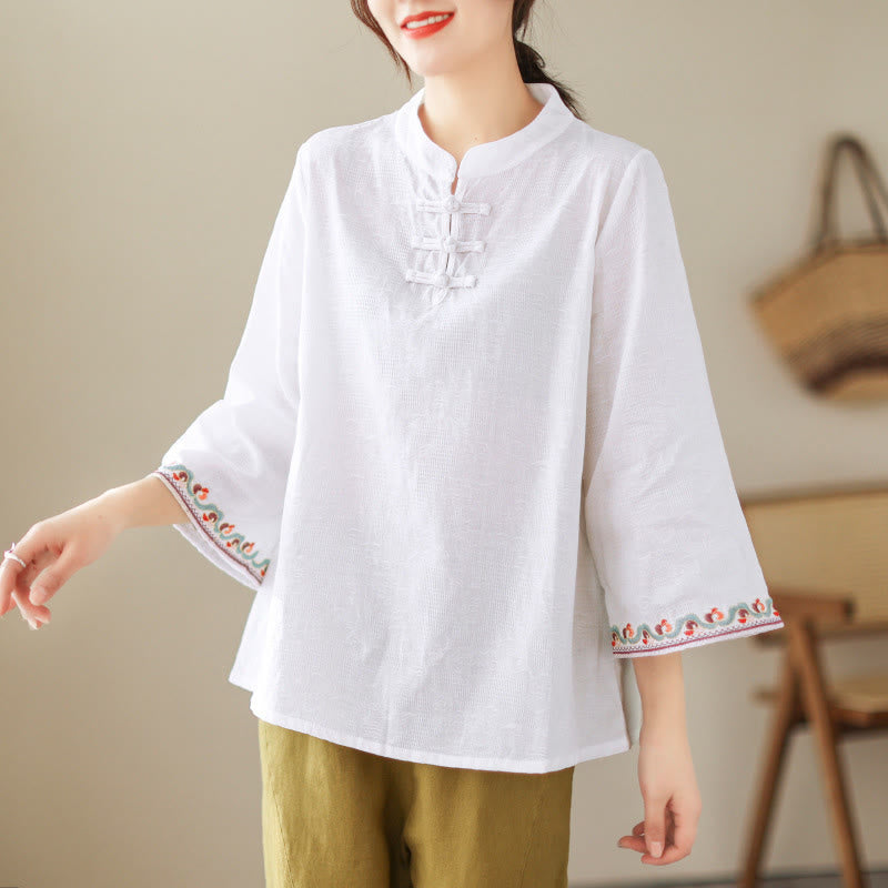 Buddha Stones Jacquard Frog-button Stand Collar Embroidered Three Quarter Sleeve Design Women's Cotton Shirt - White - US8-10,UK/AU12-14,EU40-42 (2XL) - image 14