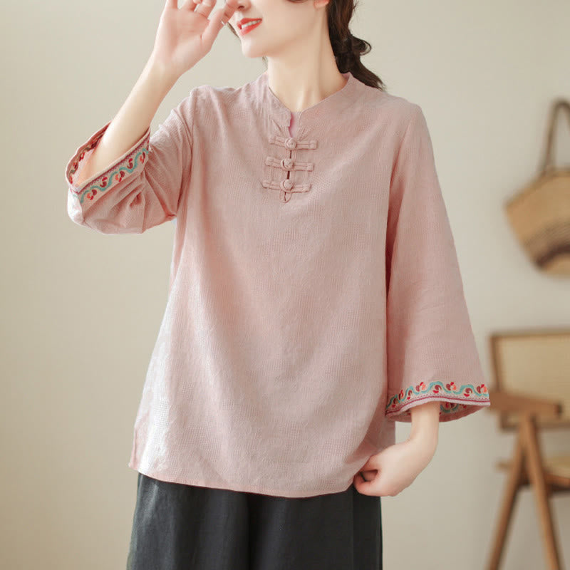 Buddha Stones Jacquard Frog-button Stand Collar Embroidered Three Quarter Sleeve Design Women's Cotton Shirt - Pink - US8-10,UK/AU12-14,EU40-42 (2XL) - image 25