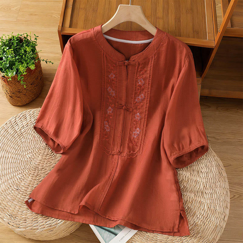 Buddha Stones Frog-button Stand Collar Embroidered Flower Elastic Cuff Three Quarter Sleeve Women's Shirt - DarkRed - US8-10,UK/AU12-14,EU40-42 (2XL) - image 15