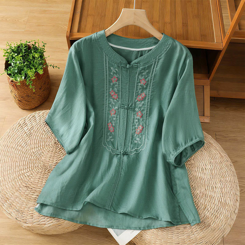 Buddha Stones Frog-button Stand Collar Embroidered Flower Elastic Cuff Three Quarter Sleeve Women's Shirt - LightSeaGreen - US8-10,UK/AU12-14,EU40-42 (2XL) - image 0