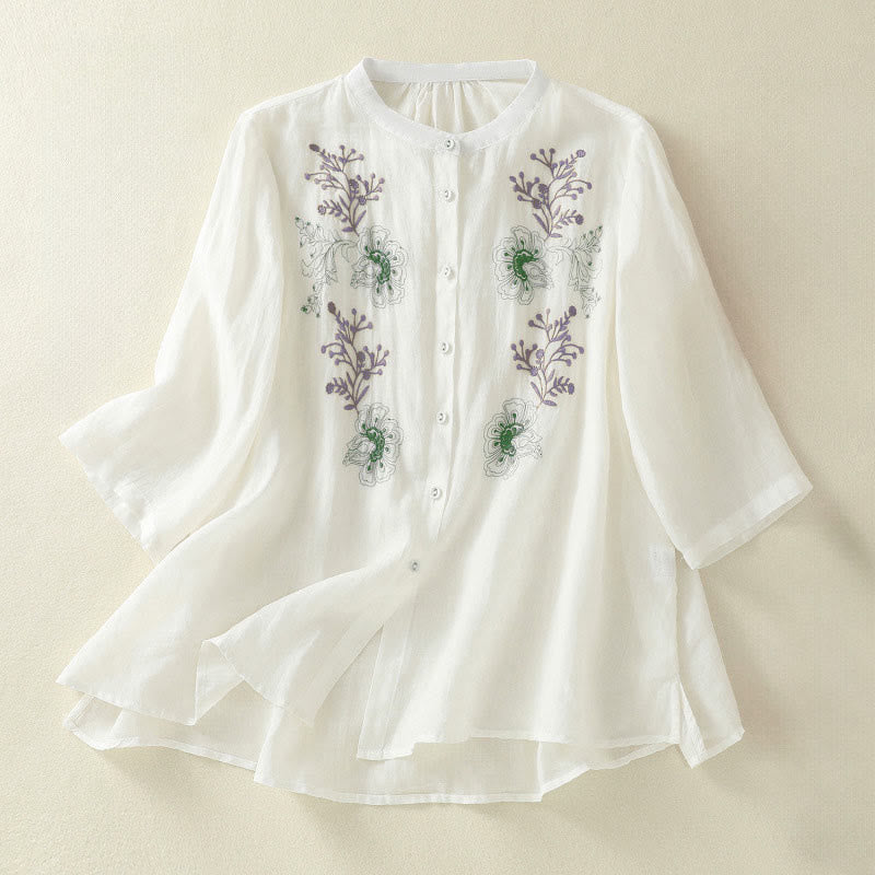 Buddha Stones Embroidery Pleated Design Stand Collar Three Quarter Sleeve Side Slit Hem Women's Shirt - White - US8-10,UK/AU12-14,EU40-42 (2XL) - image 16