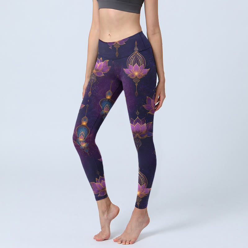 Buddha Stones Dreamlike Lotus Flower Lantern Print Gym Leggings Women's Yoga Pants - Indigo - US18,UK/AU22,EU50 (4XL) - image 0