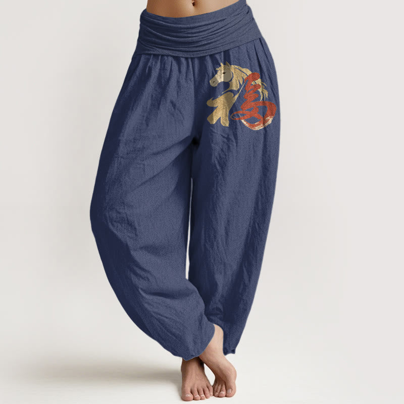 Buddha Stones Pure Cotton Year Of The Horse Fu Character Pattern Women's Elastic Waist Harem Pants - DarkSlateBlue - US16,UK/AU20,EU48 (3XL) - image 5