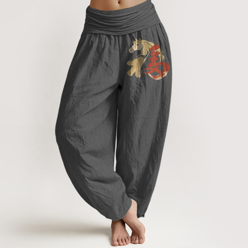 Buddha Stones Pure Cotton Year Of The Horse Fu Character Pattern Women's Elastic Waist Harem Pants - DimGray - US16,UK/AU20,EU48 (3XL) - image 8