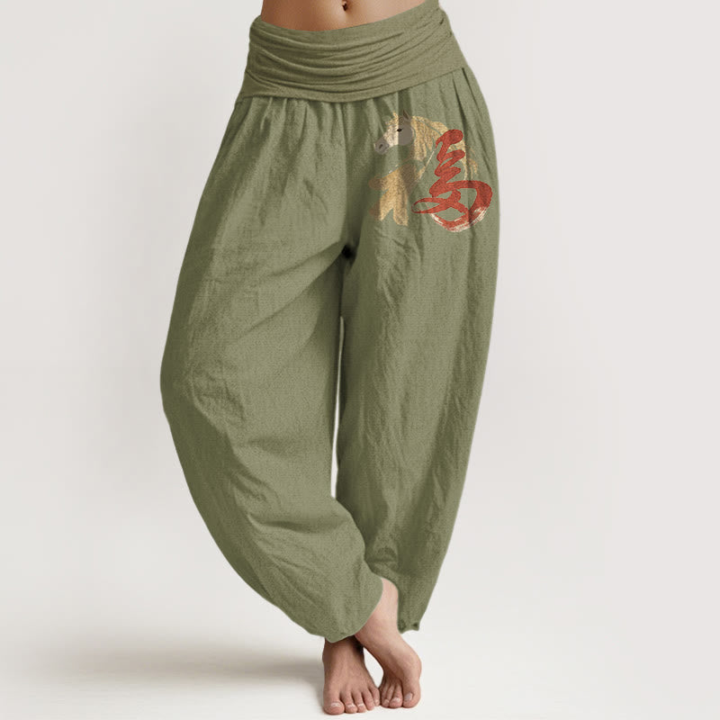 Buddha Stones Pure Cotton Year Of The Horse Fu Character Pattern Women's Elastic Waist Harem Pants - OliveDrab - US16,UK/AU20,EU48 (3XL) - image 14