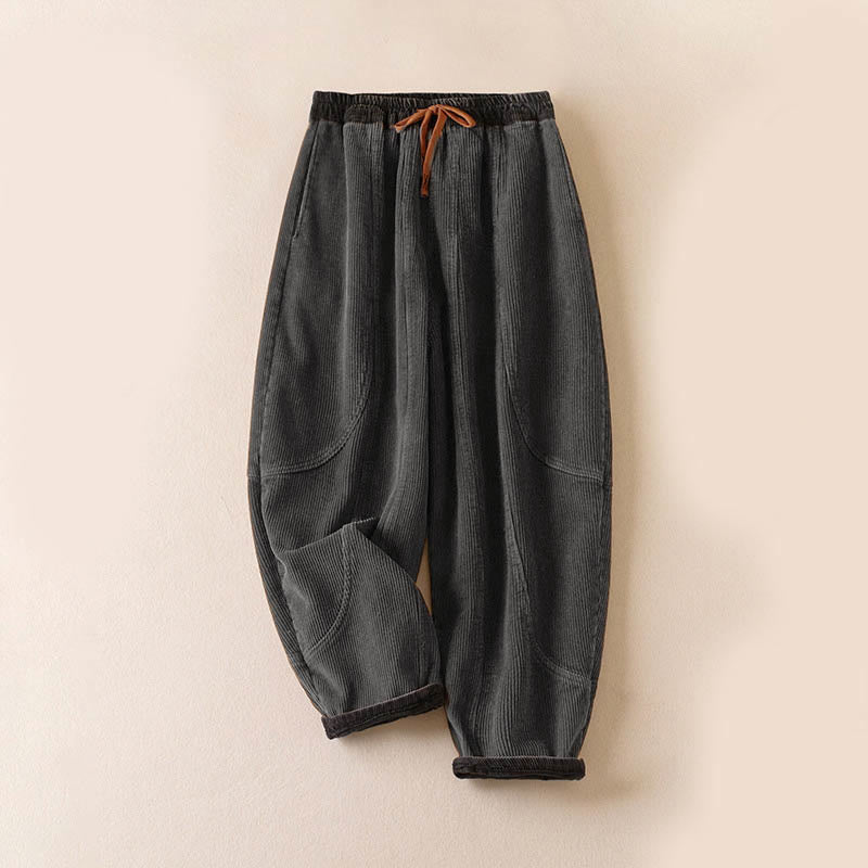 Buddha Stones Color Contrast Corduroy Cotton Women's Thermal Fleece-Lined Harem Pants With Pockets - Fleece-Lined Version - Gray - US16,UK/AU20,EU48 (3XL) - image 24