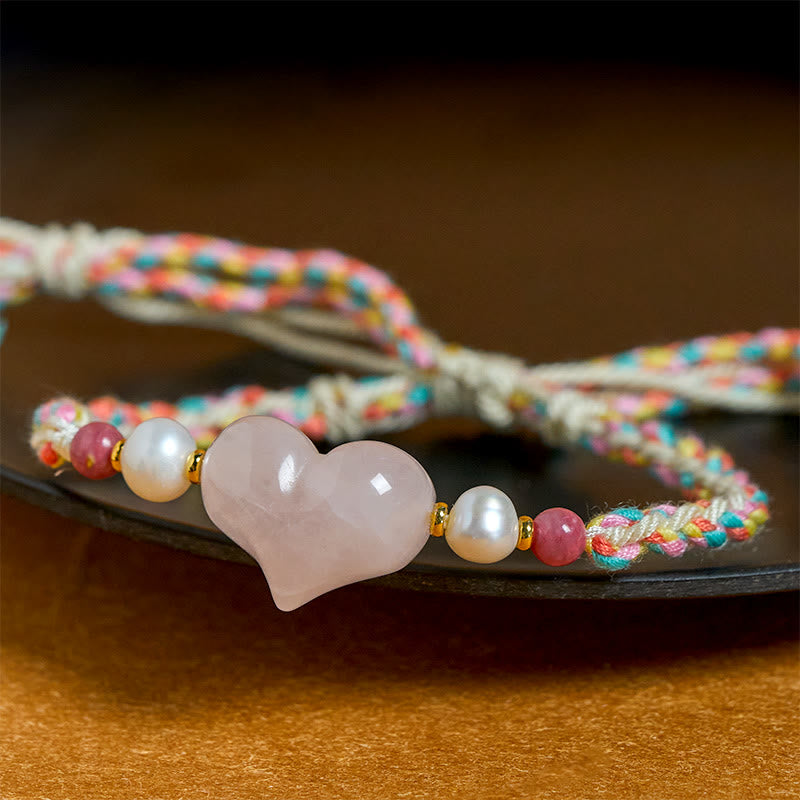 Buddha Stones Heart Design Pink Crystal Braided Rope Warmth Love Bracelet - image 4