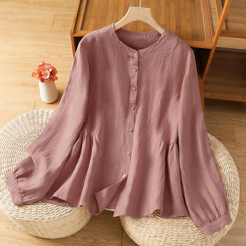 Buddha Stones Fall Commute Patchwork Plain Design Long Sleeve Women's Cotton Buttons Shirt - LightCoral - US8-10,UK/AU12-14,EU40-42 (2XL) - image 0