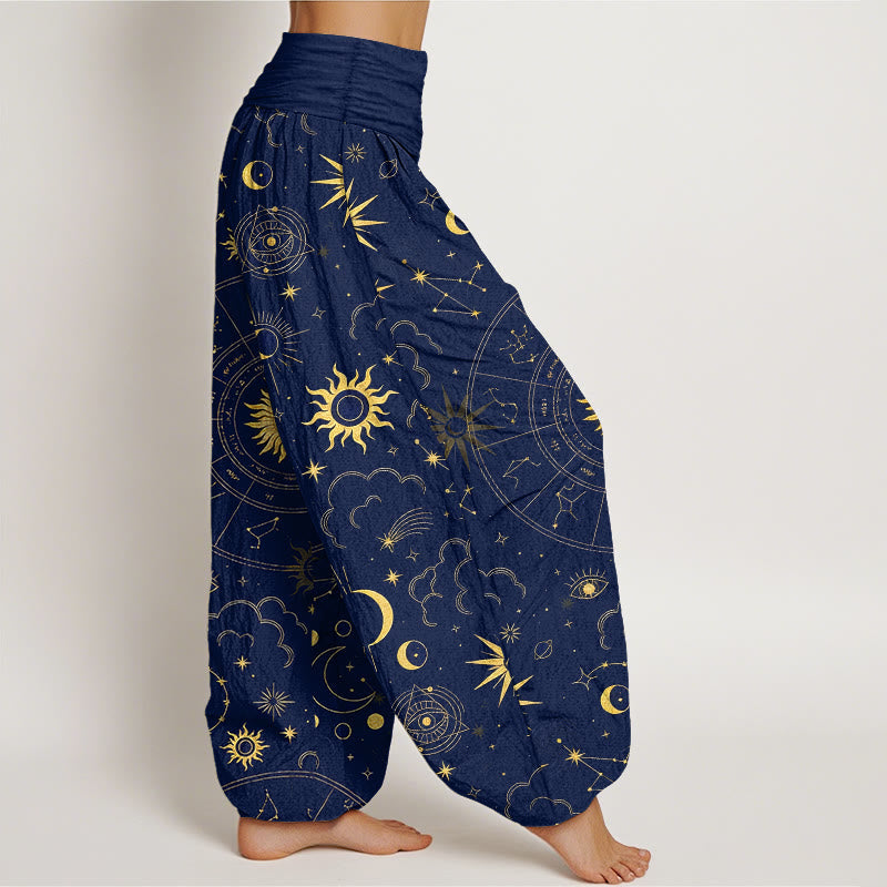 Buddha Stones Cotton Gorgeous Sun Moon Star Constellation Cloud Pattern Women's Elastic Waist Harem Pants - image 2
