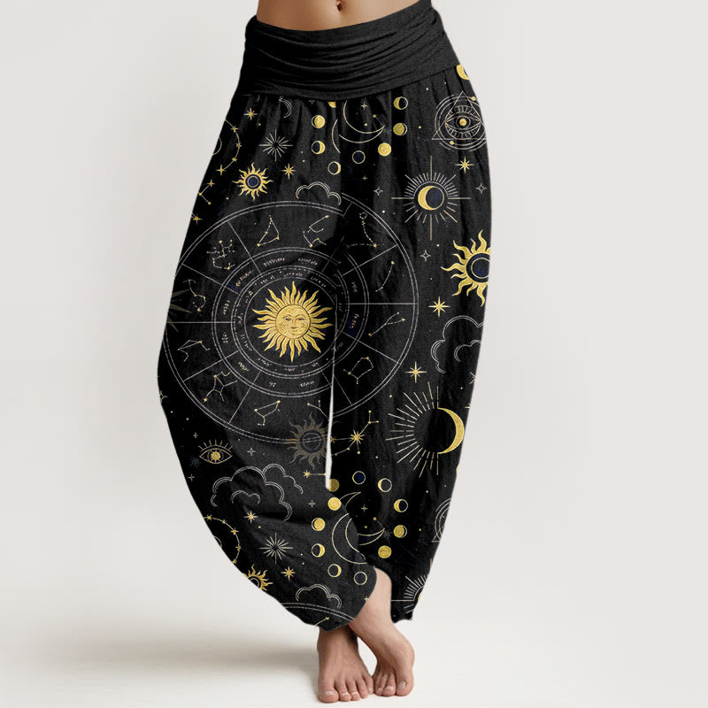Buddha Stones Cotton Gorgeous Sun Moon Star Constellation Cloud Pattern Women's Elastic Waist Harem Pants - Black - US16,UK/AU20,EU48 (3XL) - image 5