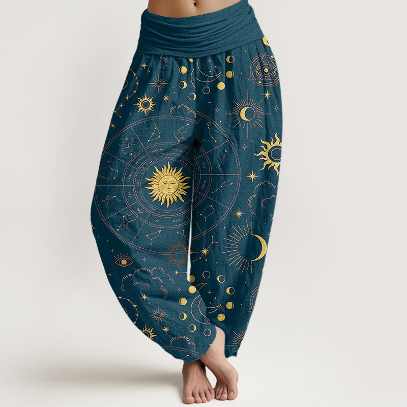 Buddha Stones Cotton Gorgeous Sun Moon Star Constellation Cloud Pattern Women's Elastic Waist Harem Pants - Teal - US16,UK/AU20,EU48 (3XL) - image 8