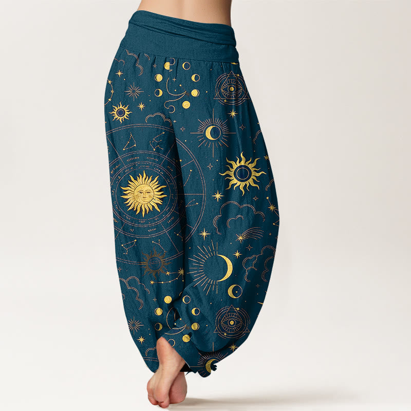 Buddha Stones Cotton Gorgeous Sun Moon Star Constellation Cloud Pattern Women's Elastic Waist Harem Pants - image 9