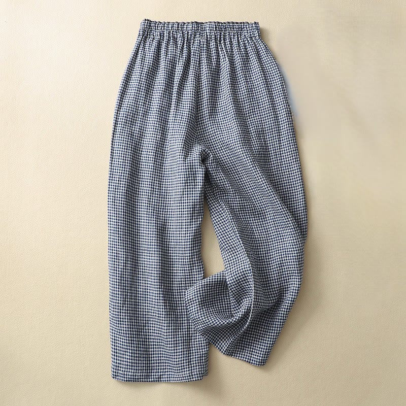 Buddha Stones Commute Casual Checkered Pattern 7-8 Length Women's Wide Leg Cotton Linen Pants With Pockets - Navy - US8-10,UK/AU12-14,EU40-42 (2XL) - image 0