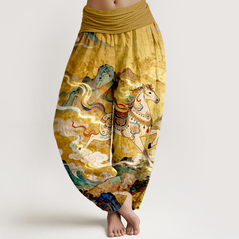 Buddha Stones Cotton Gorgeous Mountain Horse Cloud Pattern Women's Elastic Waist Harem Pants - Goldenrod - US16,UK/AU20,EU48 (3XL) - image 0