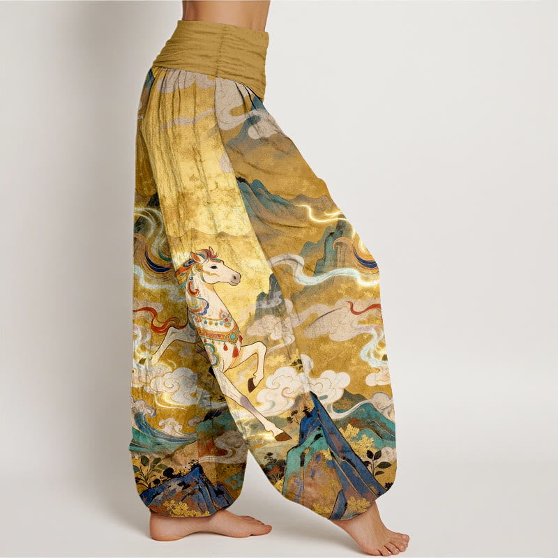 Buddha Stones Cotton Gorgeous Mountain Horse Cloud Pattern Women's Elastic Waist Harem Pants - image 2