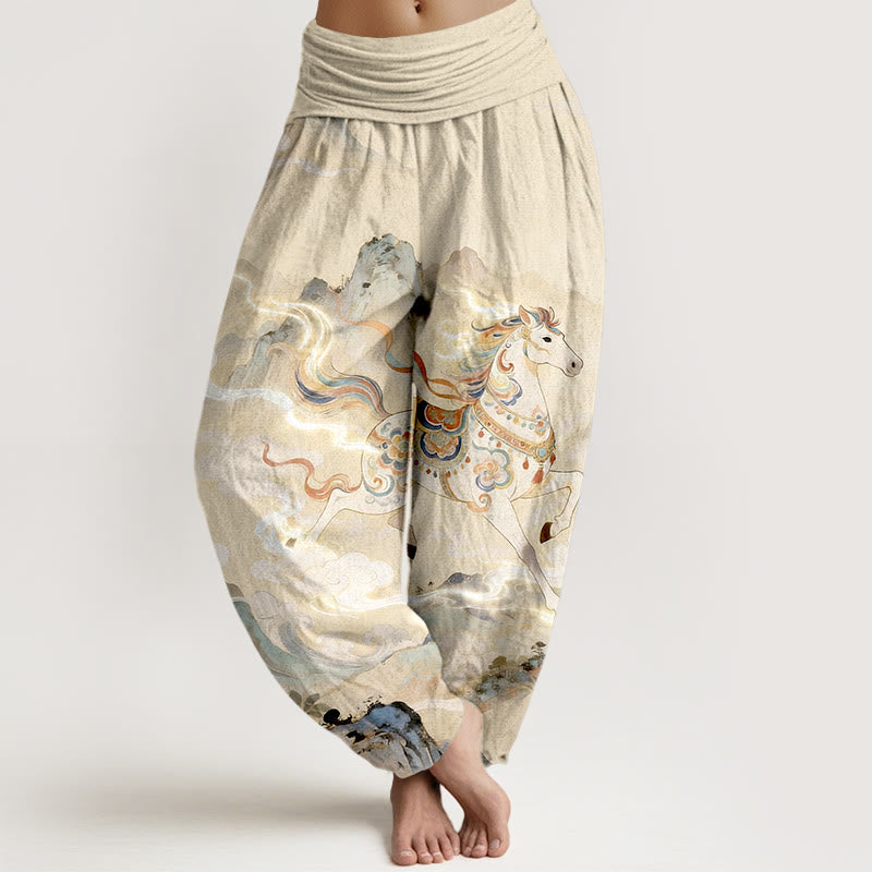 Buddha Stones Cotton Gorgeous Mountain Horse Cloud Pattern Women's Elastic Waist Harem Pants - LightGoldenrodYellow - US16,UK/AU20,EU48 (3XL) - image 5