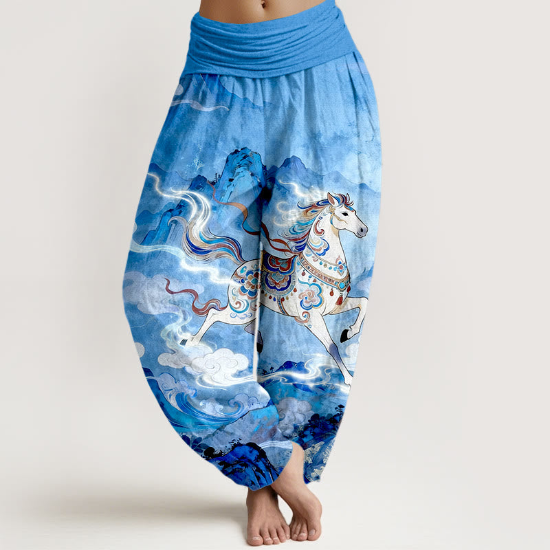 Buddha Stones Cotton Gorgeous Mountain Horse Cloud Pattern Women's Elastic Waist Harem Pants - DodgerBlue - US16,UK/AU20,EU48 (3XL) - image 8