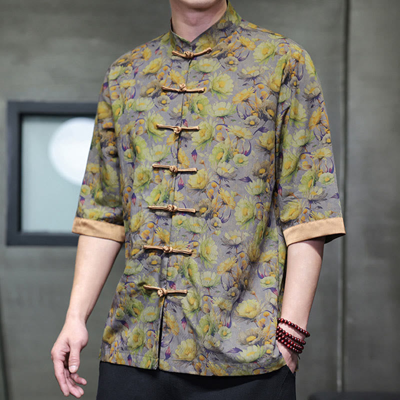 Buddha Stones Summer Colorful Floral Leaves Pattern Short Sleeve Frog-button Design Men's Cotton Shirt - Thistle - US/UK/AU46,EU56 (5XL) - image 7