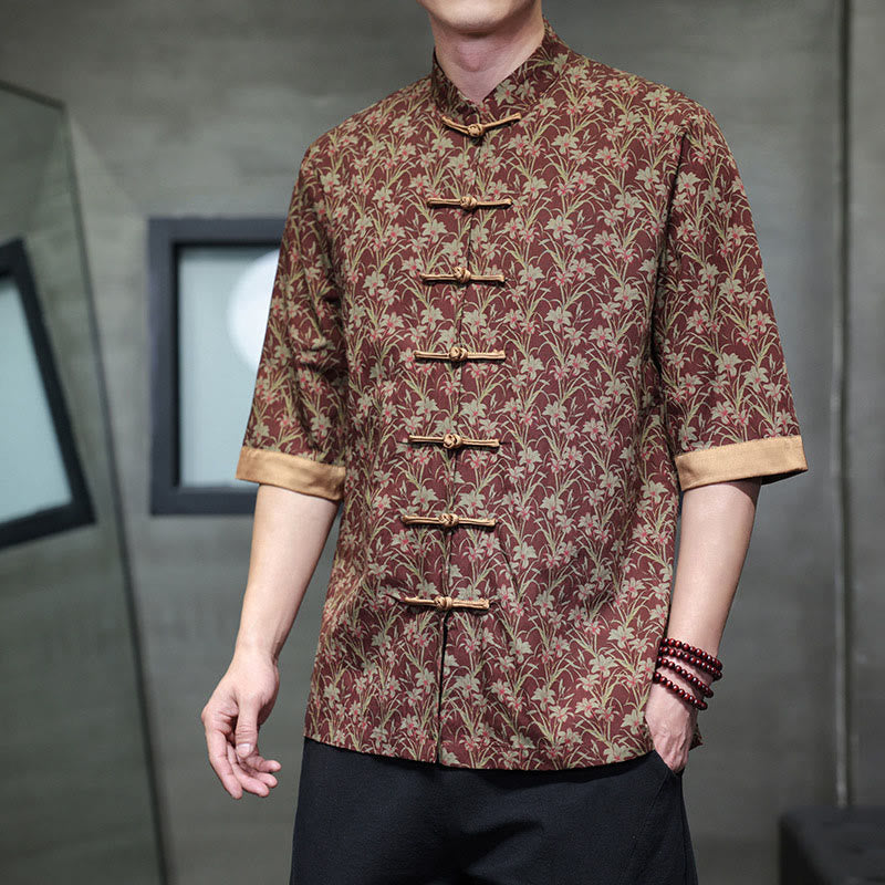 Buddha Stones Summer Colorful Floral Leaves Pattern Short Sleeve Frog-button Design Men's Cotton Shirt - DarkRed - US/UK/AU46,EU56 (5XL) - image 0