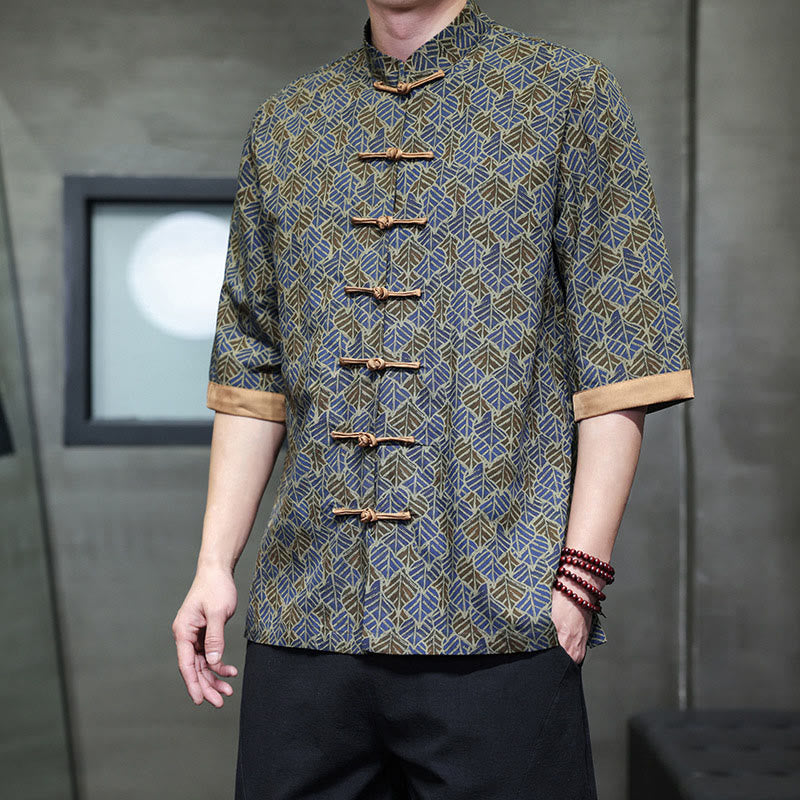 Buddha Stones Summer Colorful Floral Leaves Pattern Short Sleeve Frog-button Design Men's Cotton Shirt - RoyalBlue - US/UK/AU46,EU56 (5XL) - image 18