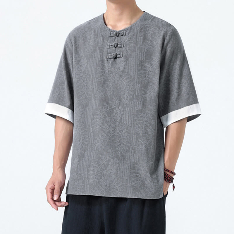 Buddha Stones Summer Flowers Grass Pattern Tang Suit Men's Frog-Button Half Sleeve Cotton Shirt - LightGrey - US/UK/AU46,EU56 (5XL) - image 3
