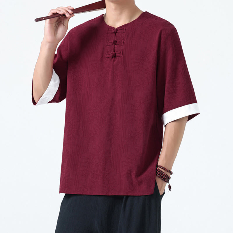 Buddha Stones Summer Flowers Grass Pattern Tang Suit Men's Frog-Button Half Sleeve Cotton Shirt - Maroon - US/UK/AU46,EU56 (5XL) - image 14
