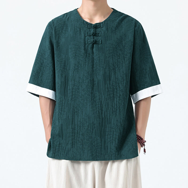 Buddha Stones Summer Flowers Grass Pattern Tang Suit Men's Frog-Button Half Sleeve Cotton Shirt - DarkCyan - US/UK/AU46,EU56 (5XL) - image 0