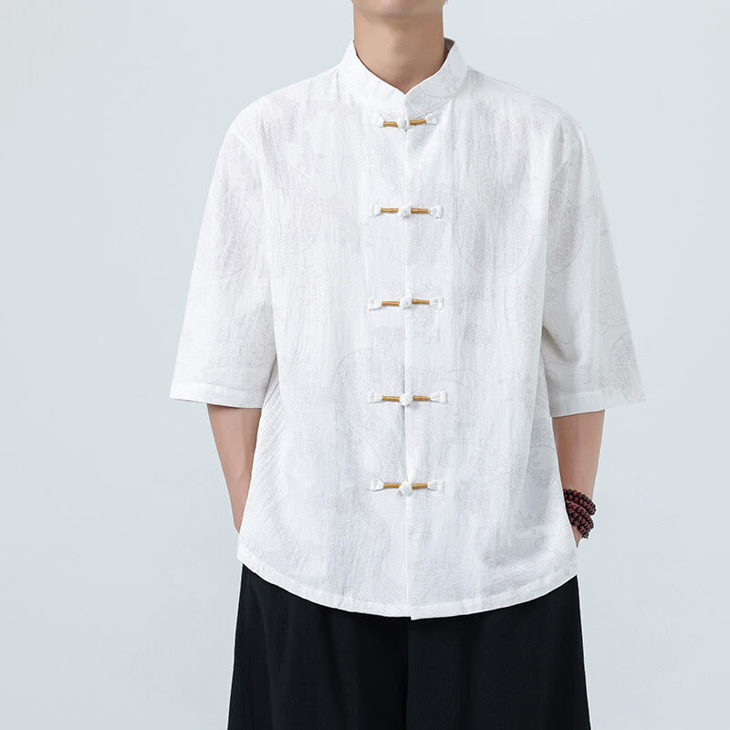 Buddha Stones Summer Dragon Auspicious Clouds Pattern Tang Suit Men's Frog-Button Half Sleeve Cotton Shirt - White - US/UK/AU46,EU56 (5XL) - image 16