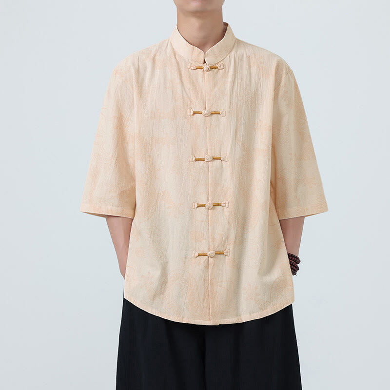 Buddha Stones Summer Dragon Auspicious Clouds Pattern Tang Suit Men's Frog-Button Half Sleeve Cotton Shirt - Wheat - US/UK/AU46,EU56 (5XL) - image 7