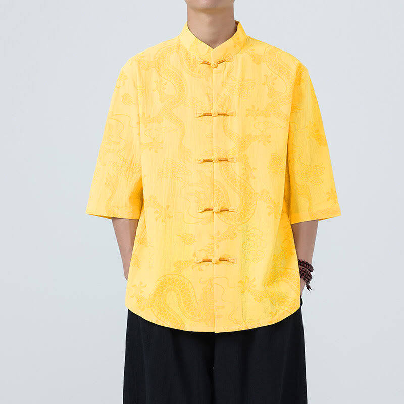 Buddha Stones Summer Dragon Auspicious Clouds Pattern Tang Suit Men's Frog-Button Half Sleeve Cotton Shirt - Yellow - US/UK/AU46,EU56 (5XL) - image 11