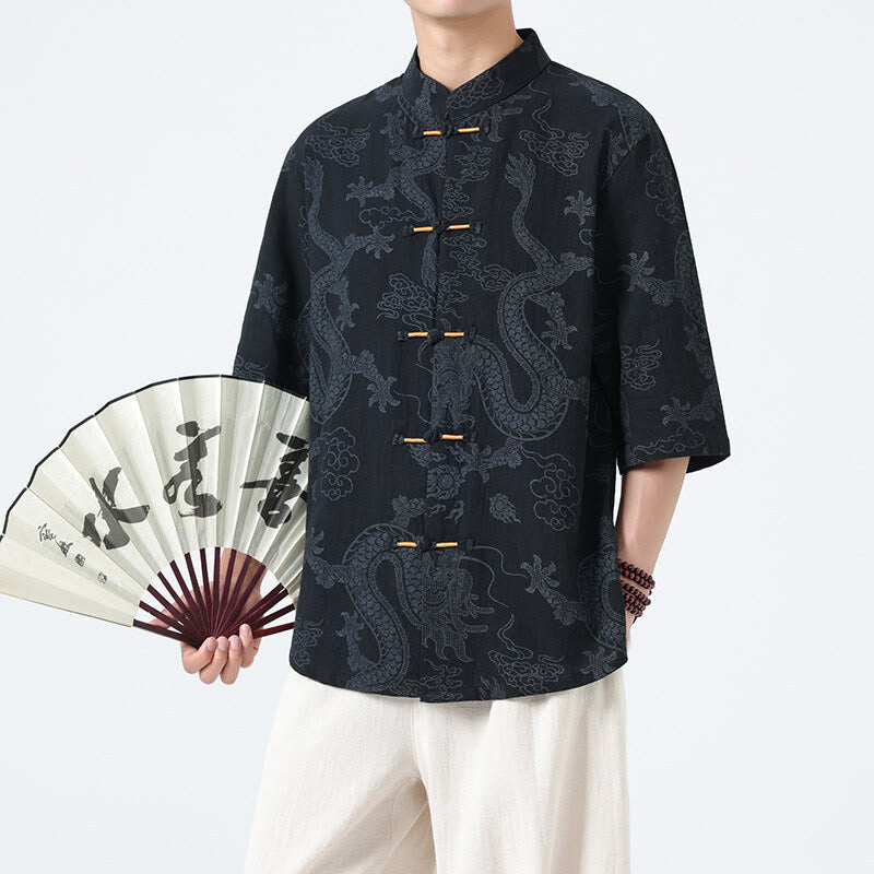Buddha Stones Summer Dragon Auspicious Clouds Pattern Tang Suit Men's Frog-Button Half Sleeve Cotton Shirt - Black - US/UK/AU46,EU56 (5XL) - image 0