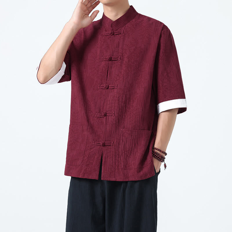 Buddha Stones Summer Flowers Grass Pattern Tang Suit Men's Frog-Button Half Sleeve Cotton Shirt With Pockets - Maroon - US/UK/AU46,EU56 (5XL) - image 11