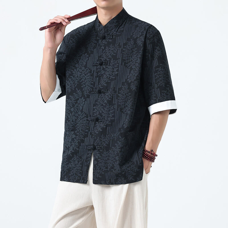 Buddha Stones Summer Flowers Grass Pattern Tang Suit Men's Frog-Button Half Sleeve Cotton Shirt With Pockets - Black - US/UK/AU46,EU56 (5XL) - image 0