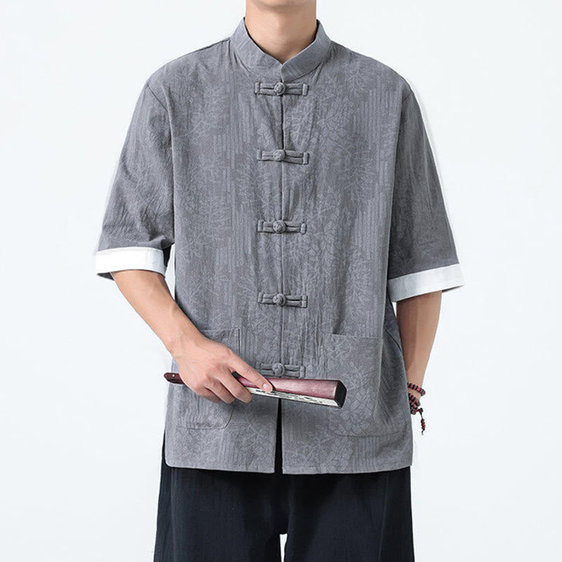 Buddha Stones Summer Flowers Grass Pattern Tang Suit Men's Frog-Button Half Sleeve Cotton Shirt With Pockets - image 6