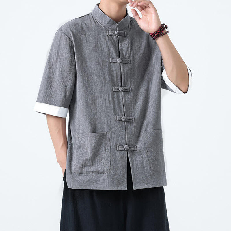 Buddha Stones Summer Flowers Grass Pattern Tang Suit Men's Frog-Button Half Sleeve Cotton Shirt With Pockets - image 5